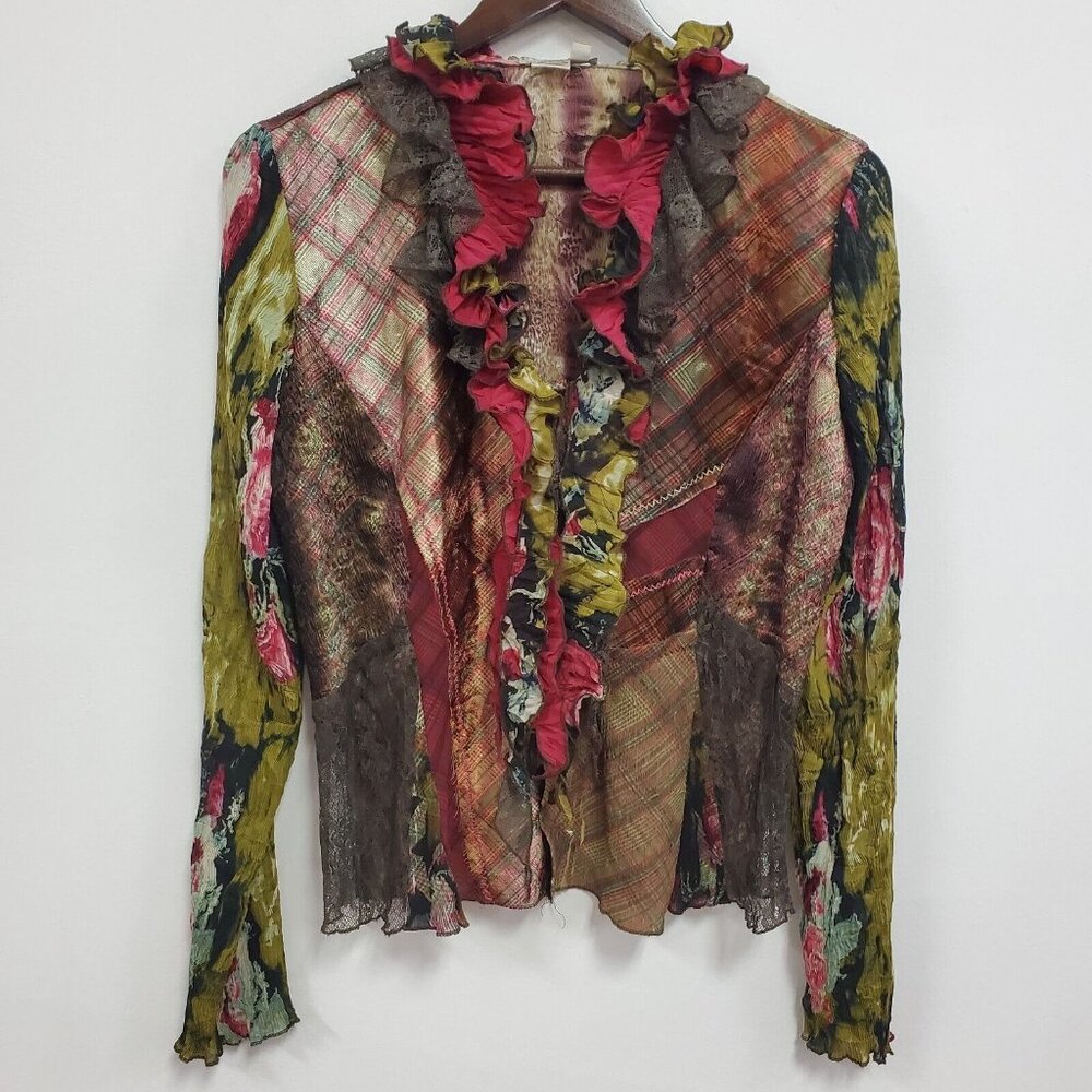 Vintage Alberto Makali Womens Artsy Fairy Patchwork Button Up Top Size XL Green
